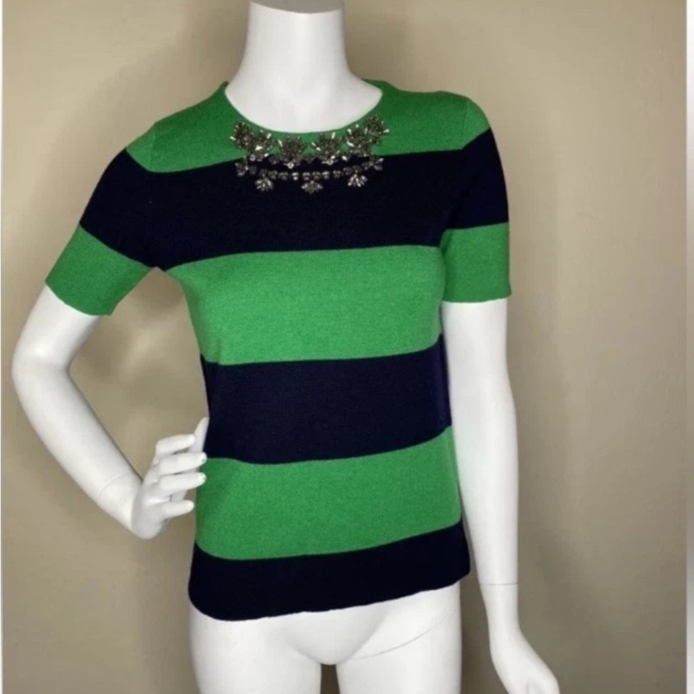 J CREW NAVY BLUE GREEN STRIPED JEWEL SHORT SLEEVE TOP SZ XS RUNS BIG